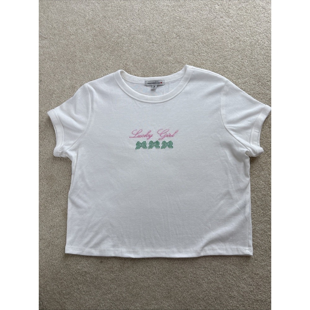 Y2K Babydoll Baby T-Shirt White Vintage Womens XL Green Pink Cute Short